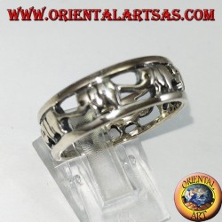 Band ring in 925 silver, elephants in a row with proboscis up