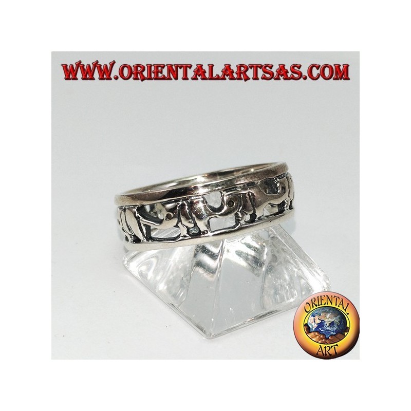 Anello a fascia in argento 925, elefanti in fila con proboscide in su