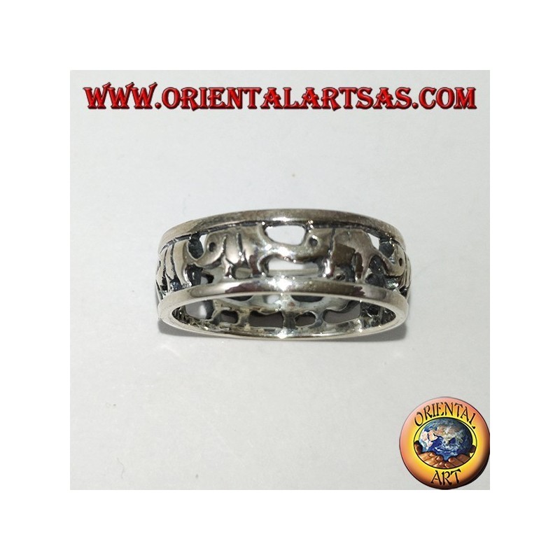 Anillo de plata 925, elefantes seguidos con probóscide