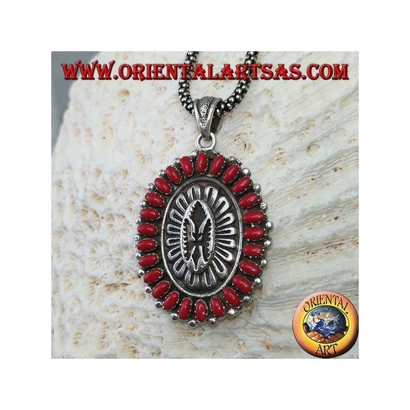 Silver pendant, shield with native style corals (American Indians)