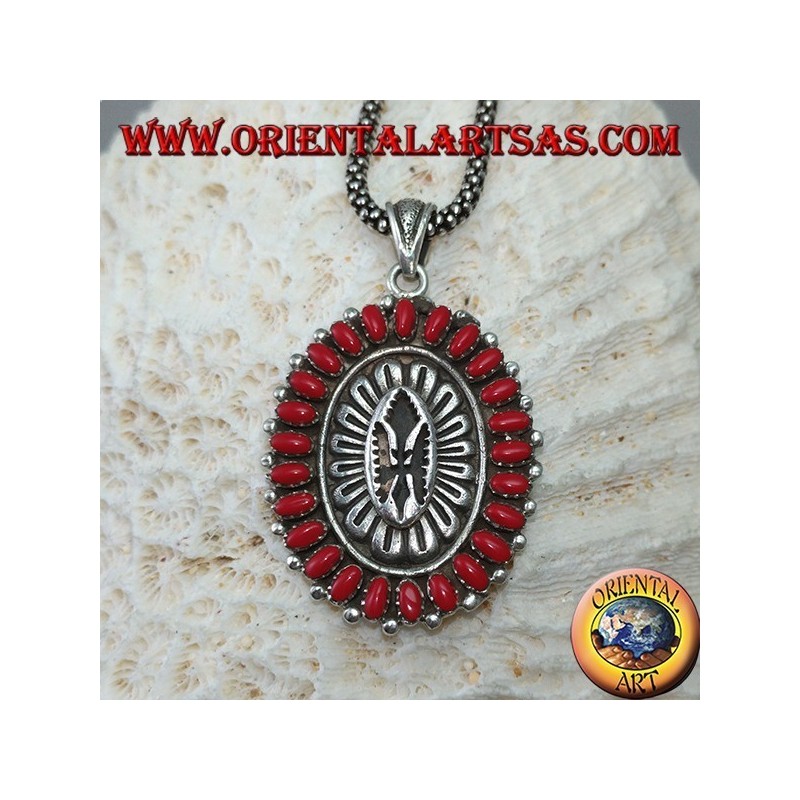 Colgante de plata, escudo con corales de estilo nativo (indios americanos)