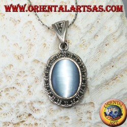 Silver pendant with cimòfane (gray cat's eye) surrounded by marcassite