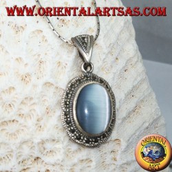 Silver pendant with cimòfane (gray cat's eye) surrounded by marcassite