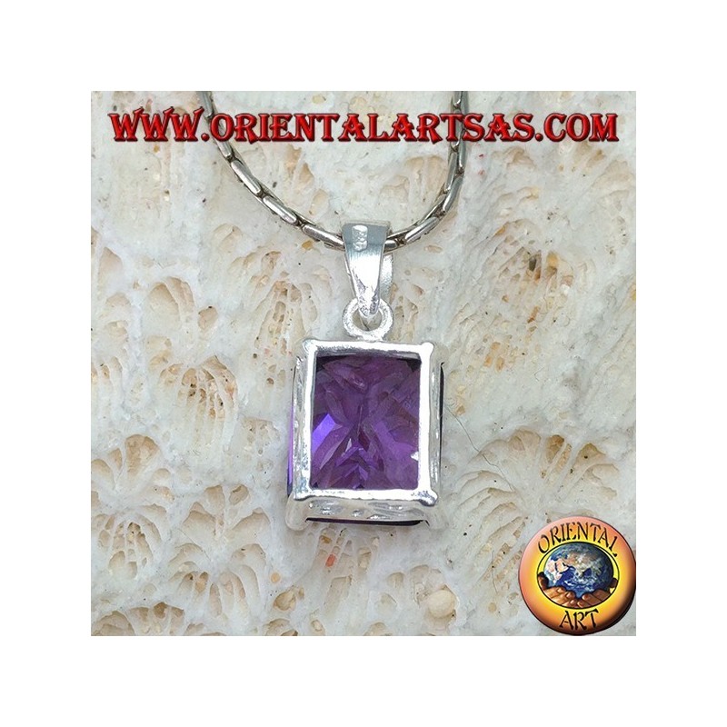 Ciondolo in argento con Ametista viola cubic zirconia rettangolare