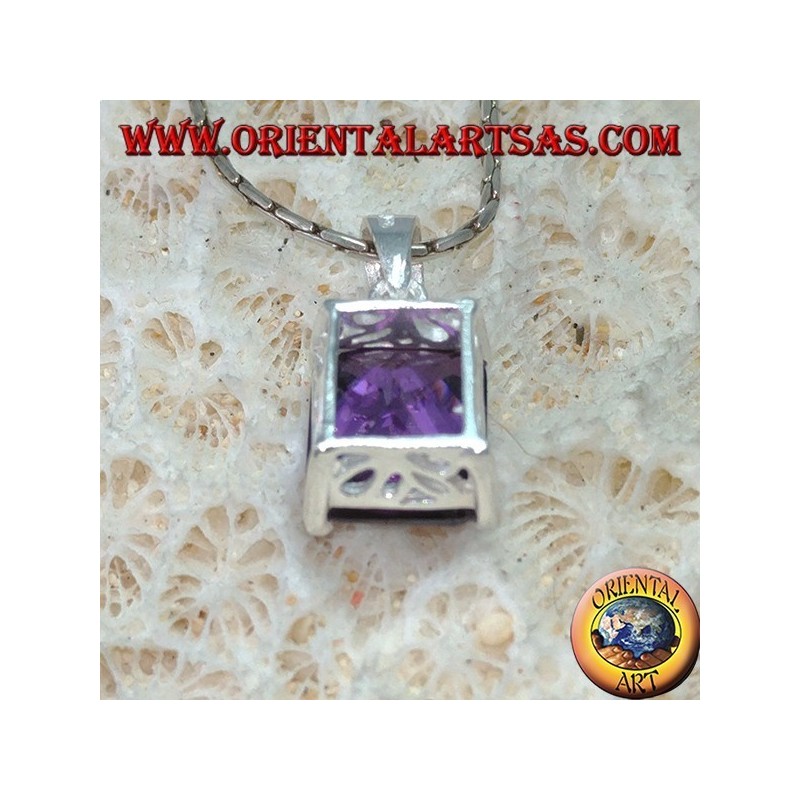 Silver pendant with purple cubic zirconia rectangular Amethyst