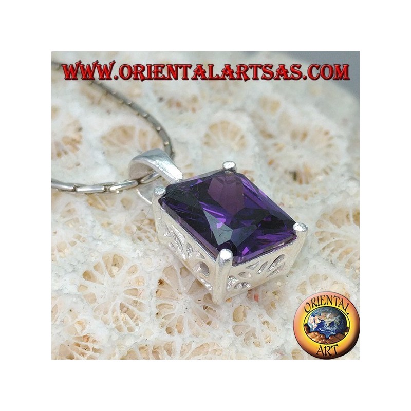 Silver pendant with purple cubic zirconia rectangular Amethyst