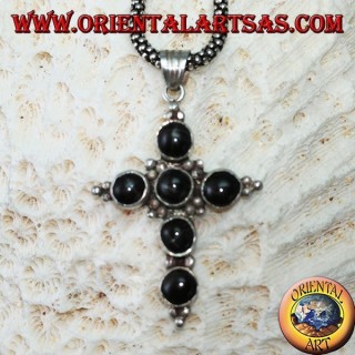 Ciondolo croce in argento con sei black star tonde