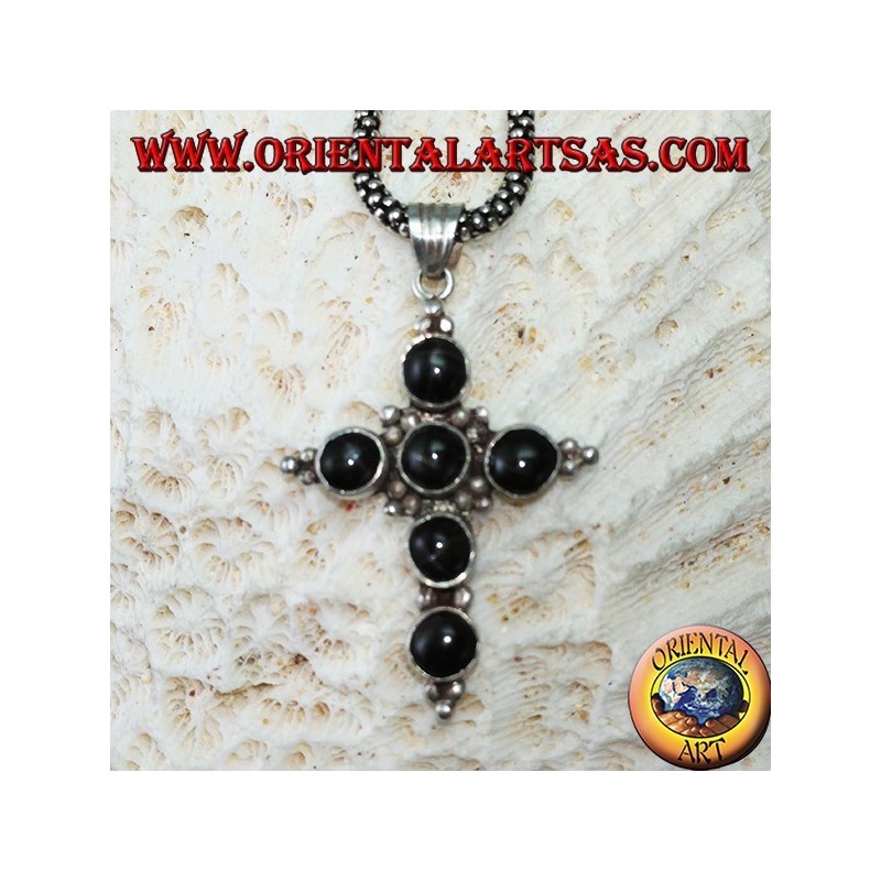 Silver cross pendant with six round black stars