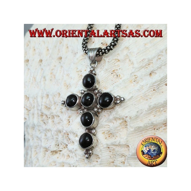Silver cross pendant with six round black stars