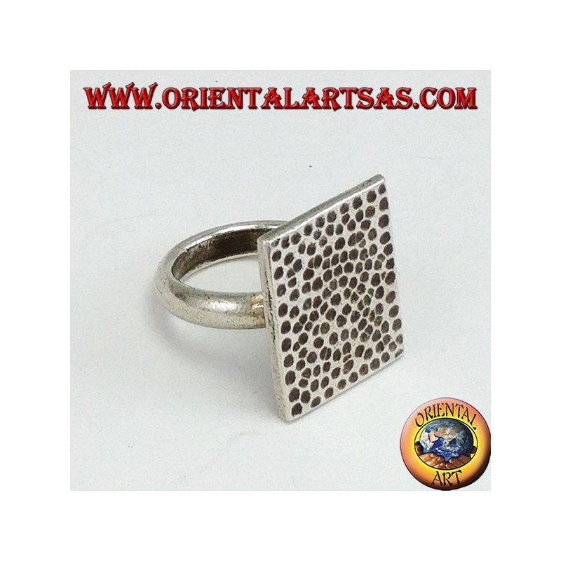 Silver ring with hand-hammered rectangular plate