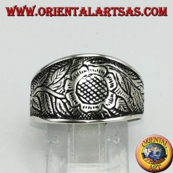 Silver ring inlay floral with sunflower