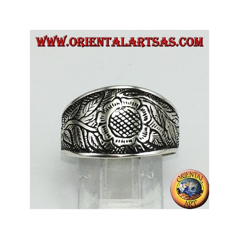 Silver ring inlay floral with sunflower