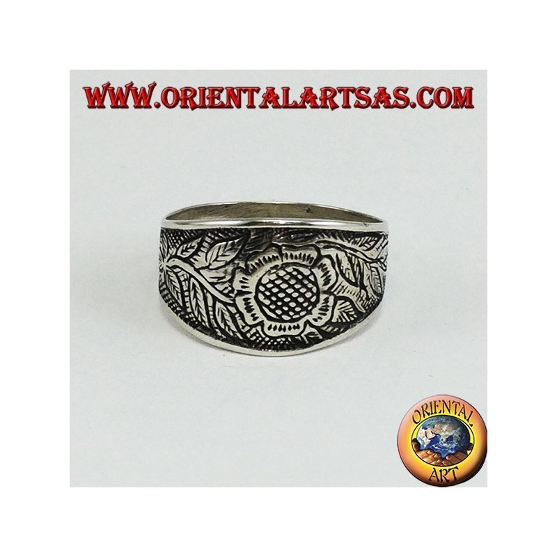 Anello in argento intarsio floreale con girasole