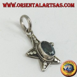 Silver star pendant with oval blue Topaz