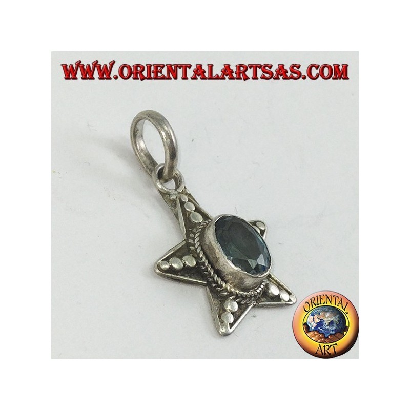 Silver star pendant with oval blue Topaz
