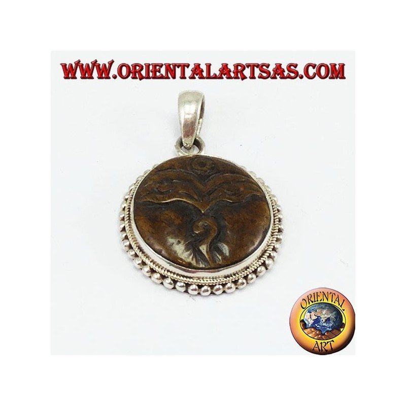 Silver pendant amulet Buddha eye carved in yack bone