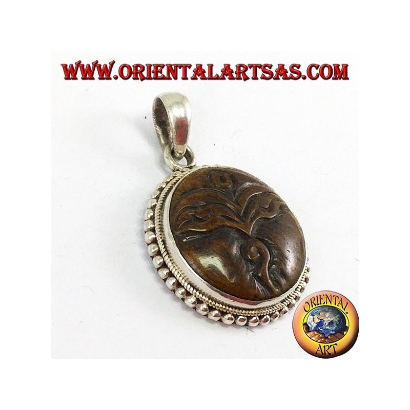 Amulette pendentif en argent Oeil de Bouddha sculpté en os de yack