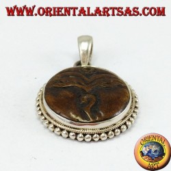 Silver pendant amulet Buddha eye carved in yack bone