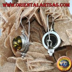 Silver earring with green hemisphere amber