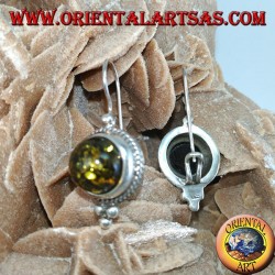 Silver earring with green hemisphere amber