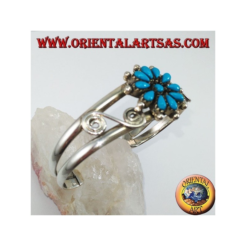 Bracciale rigido in argento con margherita di turchesi