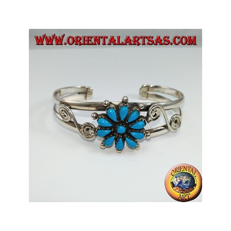 Bracciale rigido in argento con margherita di turchesi
