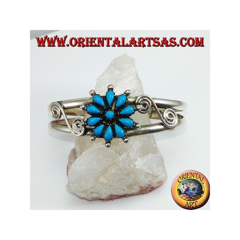 Bracciale rigido in argento con margherita di turchesi
