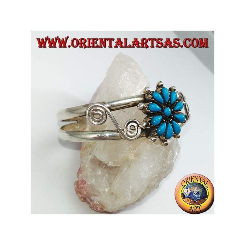 Bracciale rigido in argento con margherita di turchesi