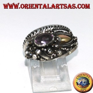 Bague en argent cobra avec plaque en or et améthyste