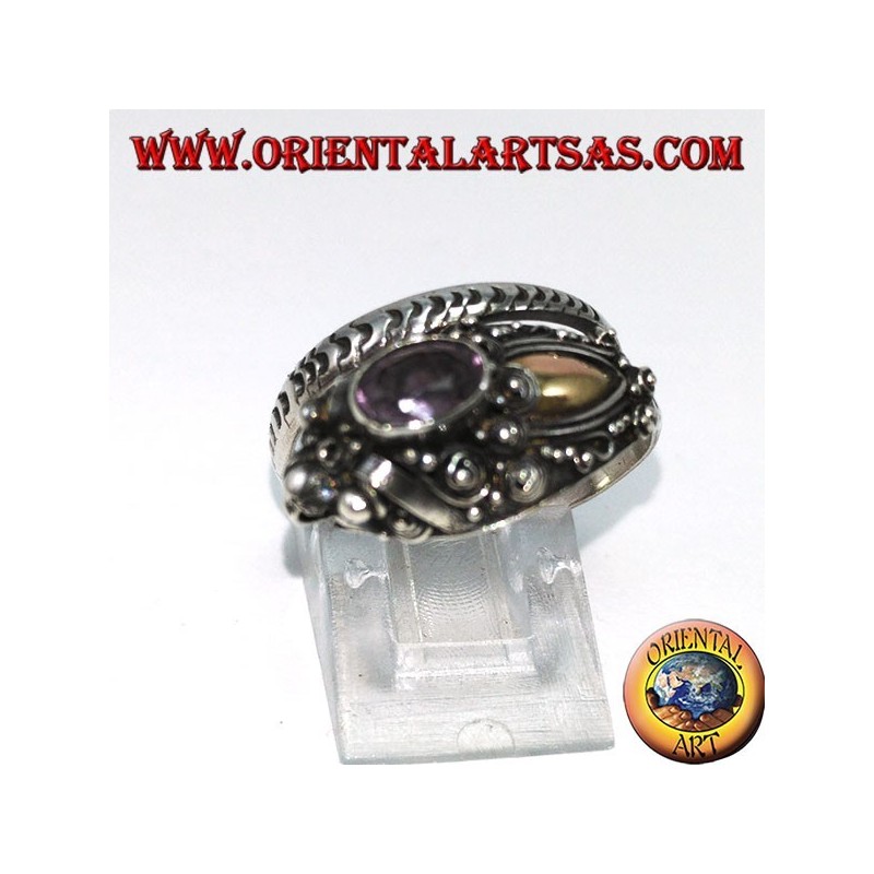 Anillo en plata cobra con placa de oro y amatista