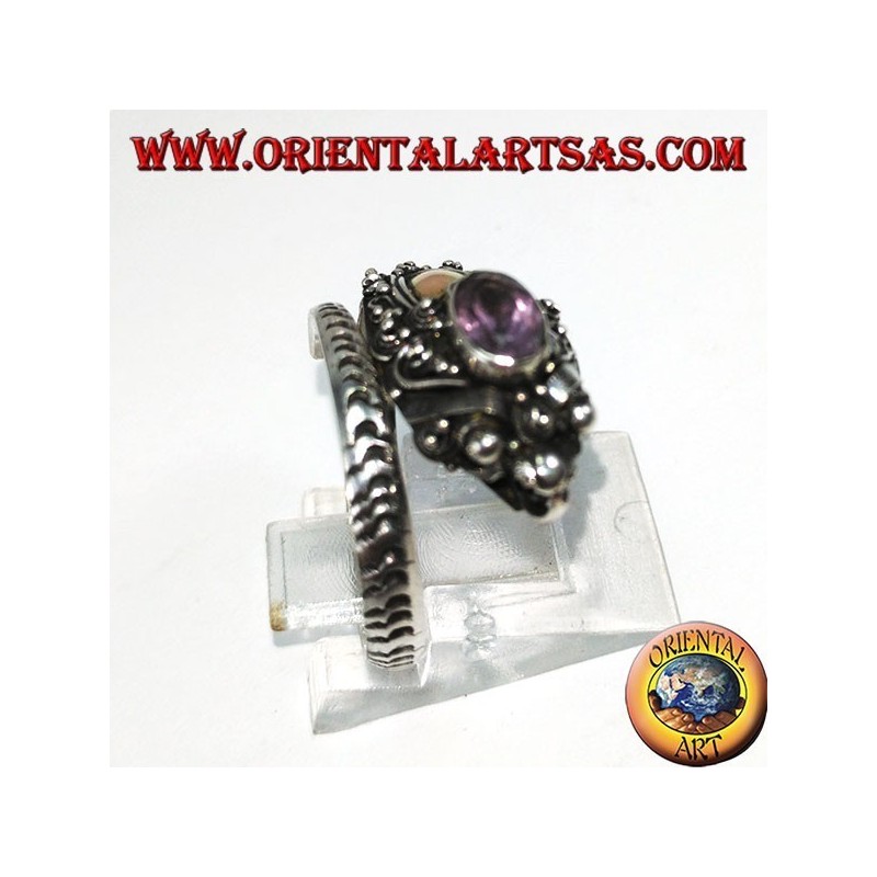 Anello in argento cobra con piastrina in oro ed ametista
