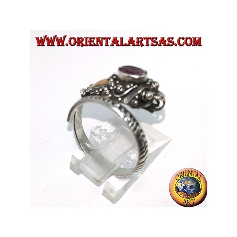 Anillo en plata cobra con placa de oro y amatista