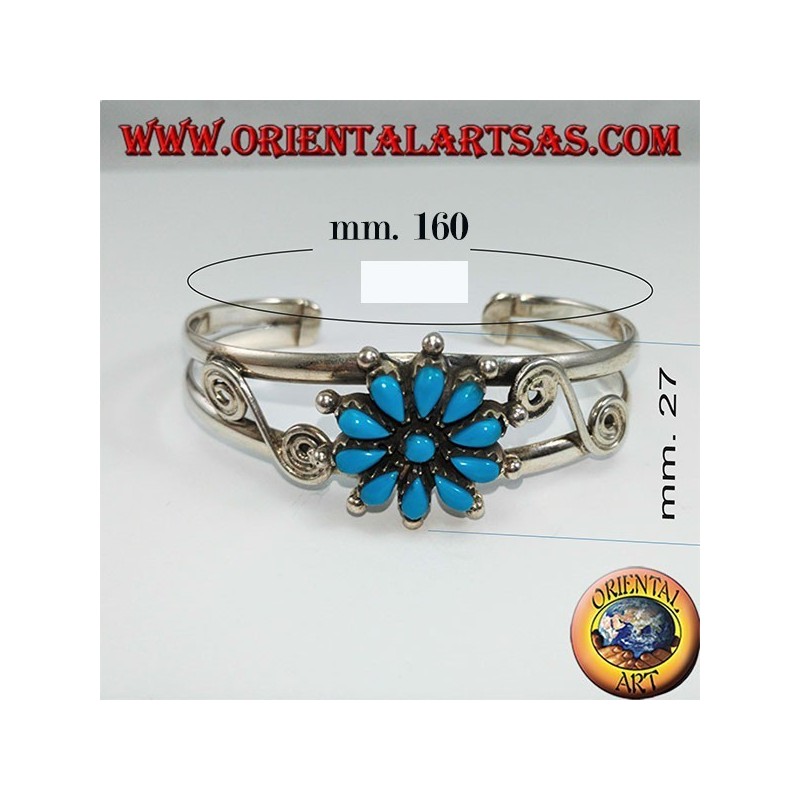 Bracciale rigido in argento con margherita di turchesi 