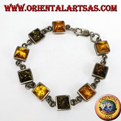 Silver bracelets with alternating green and yellow square amber