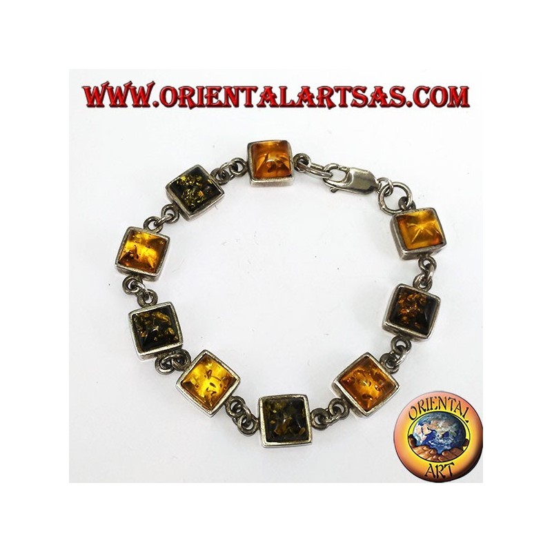 Silver bracelets with alternating green and yellow square amber