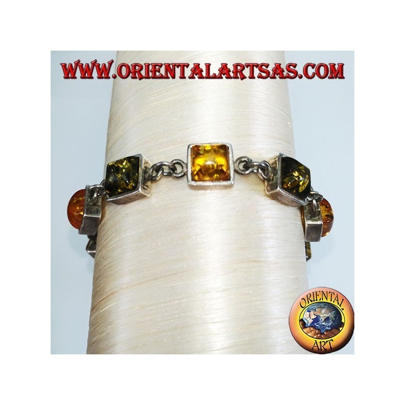 Silver bracelets with alternating green and yellow square amber