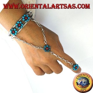 Hand kisses bracelet in sterling silver with turquoise and coral, flower pattern