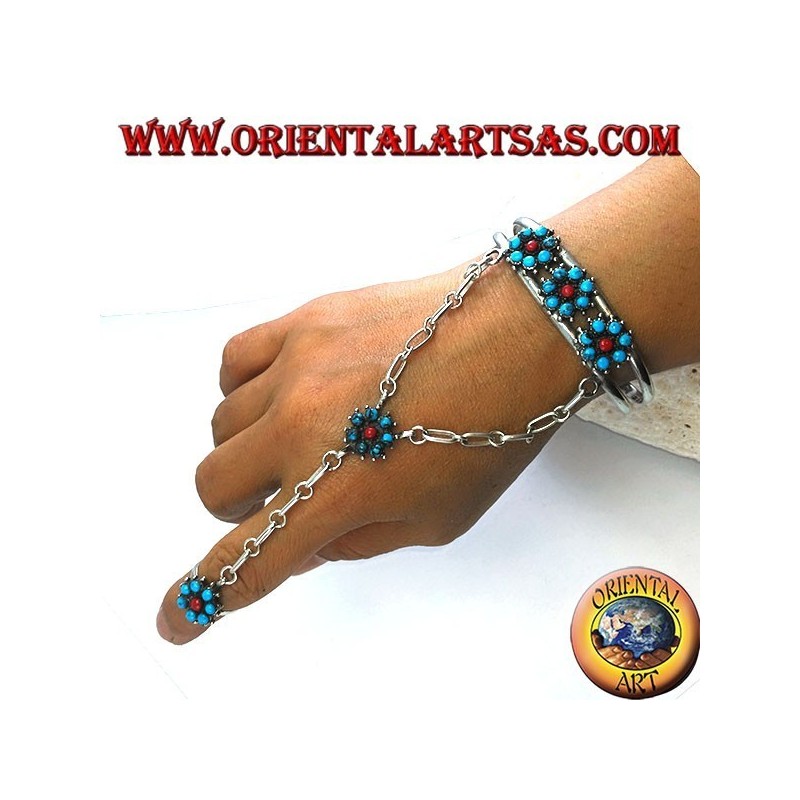 Bracciale baciamano in argento rigido con turchesi e corallo, modello fiore