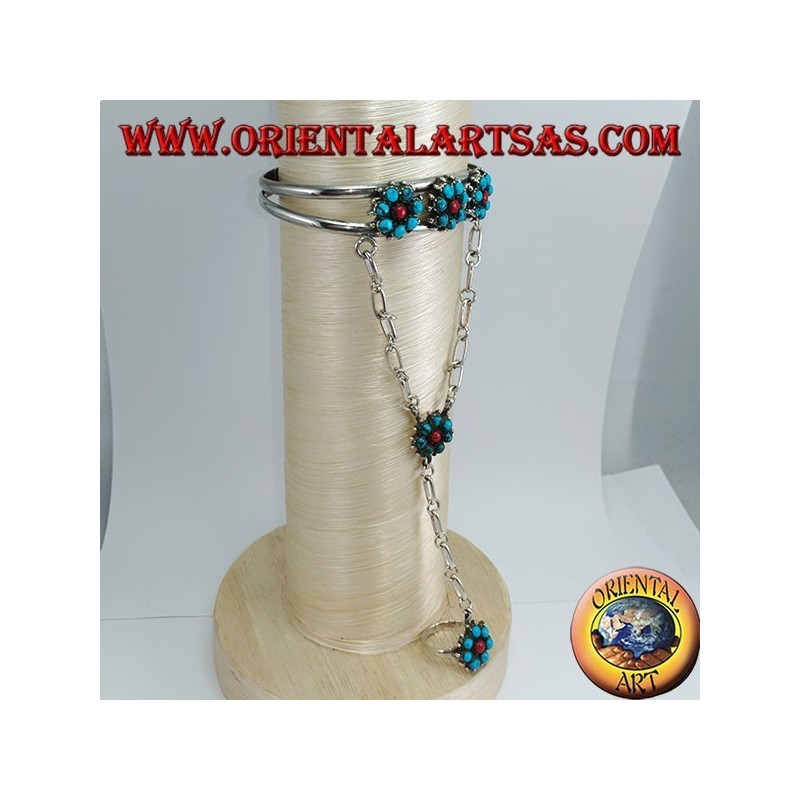 Bracciale baciamano in argento rigido con turchesi e corallo, modello fiore