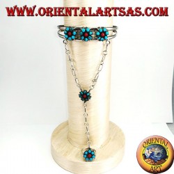 Bracelet de baisers à la main en argent avec turquoise et corail, motif fleur