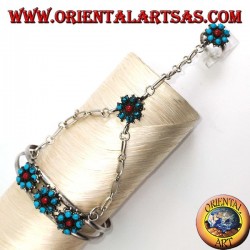 Bracelet de baisers à la main en argent avec turquoise et corail, motif fleur