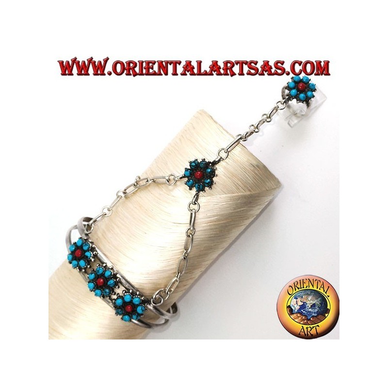 Pulsera de mano besos en plata con turquesa y coral, estampado de flores