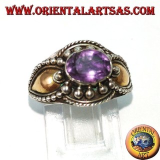 Bague en argent avec plaques d'améthyste et d'or