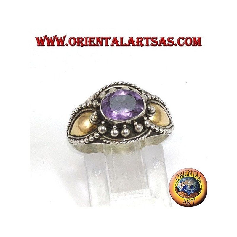 Bague en argent avec plaques d'améthyste et d'or