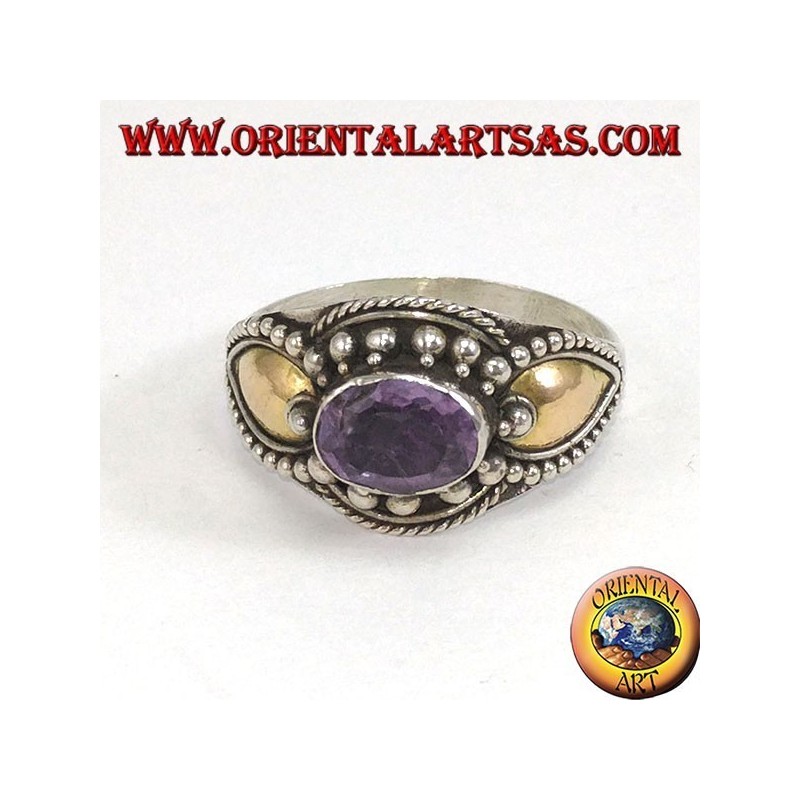 Bague en argent avec plaques d'améthyste et d'or