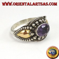 Silver ring with amethyst and gold plates