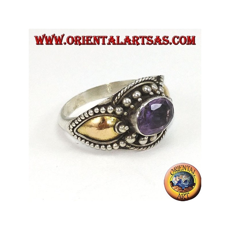 Silver ring with amethyst and gold plates