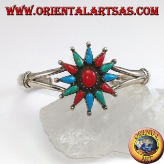Bracelet rigide en argent, étoile à 12 branches avec corail et turquoise