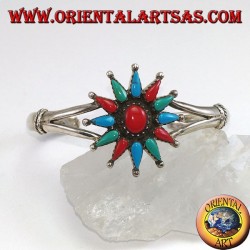 Rigid silver bracelet, 12-pointed star with coral and turquoise