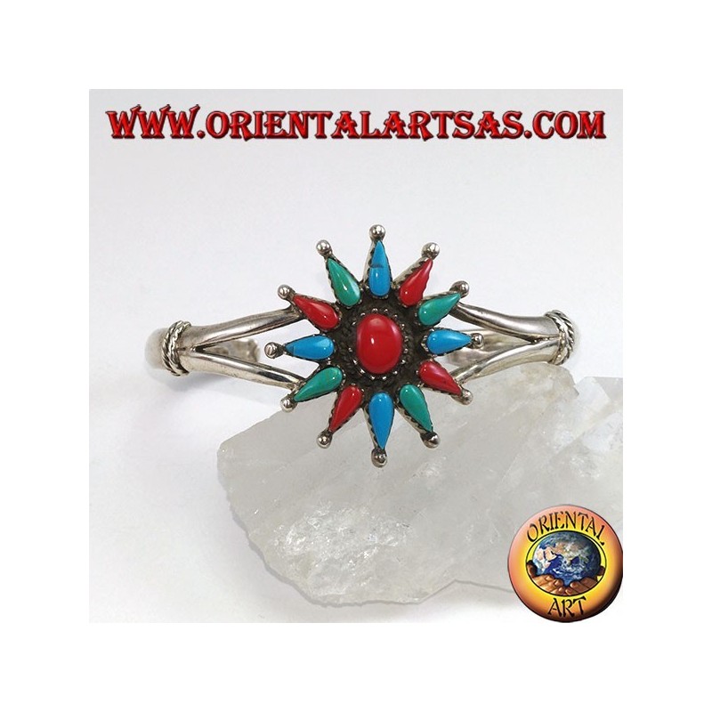Pulsera de plata rígida, estrella de 12 puntas con coral y turquesa